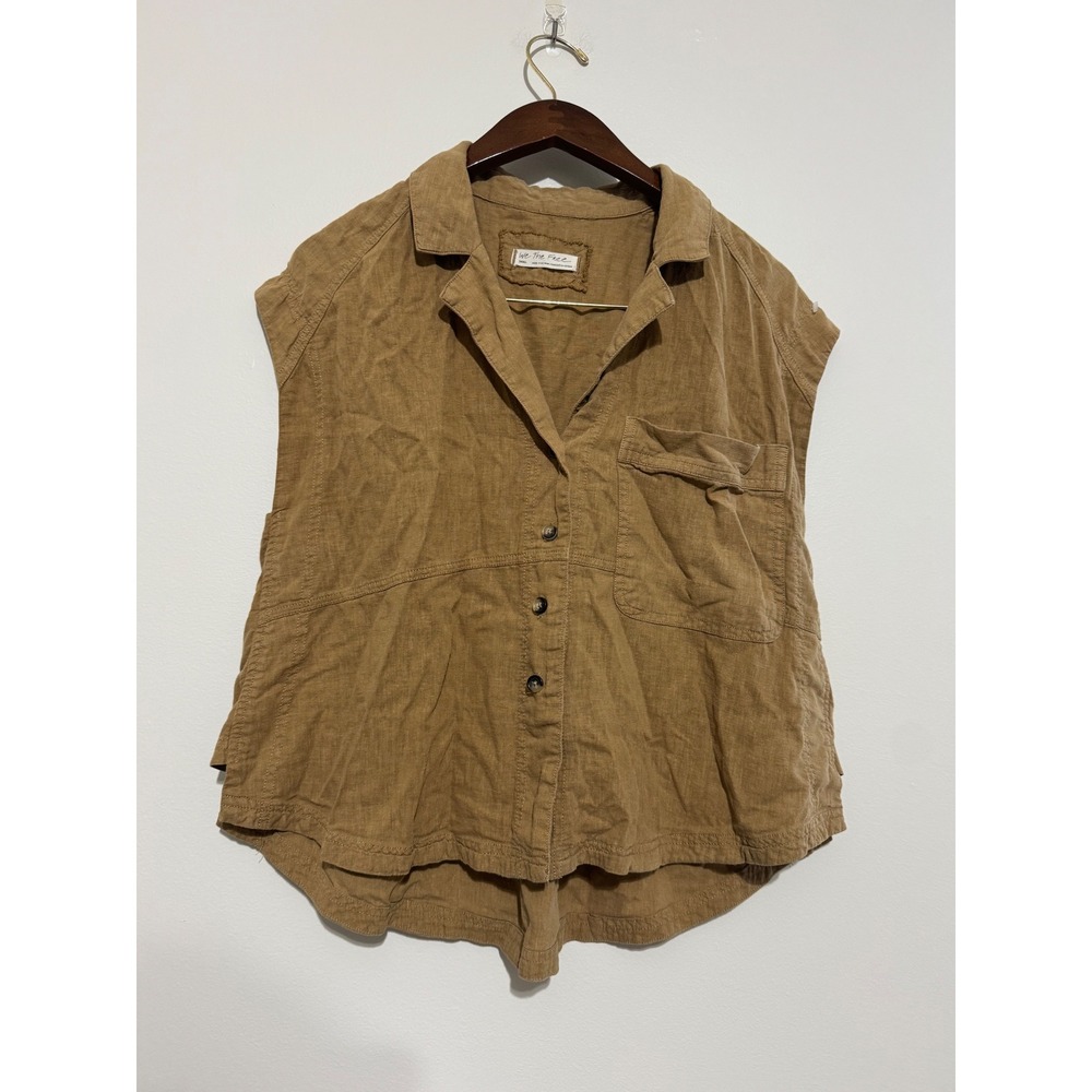 We The Free Free People Brown Linen Blend Sleeveless Button Down Top Small FP